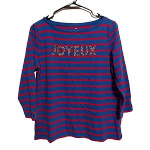 Talbots Shirt Top Size MP Blue Red Petites Joyeux Beaded French Stripe Preppy